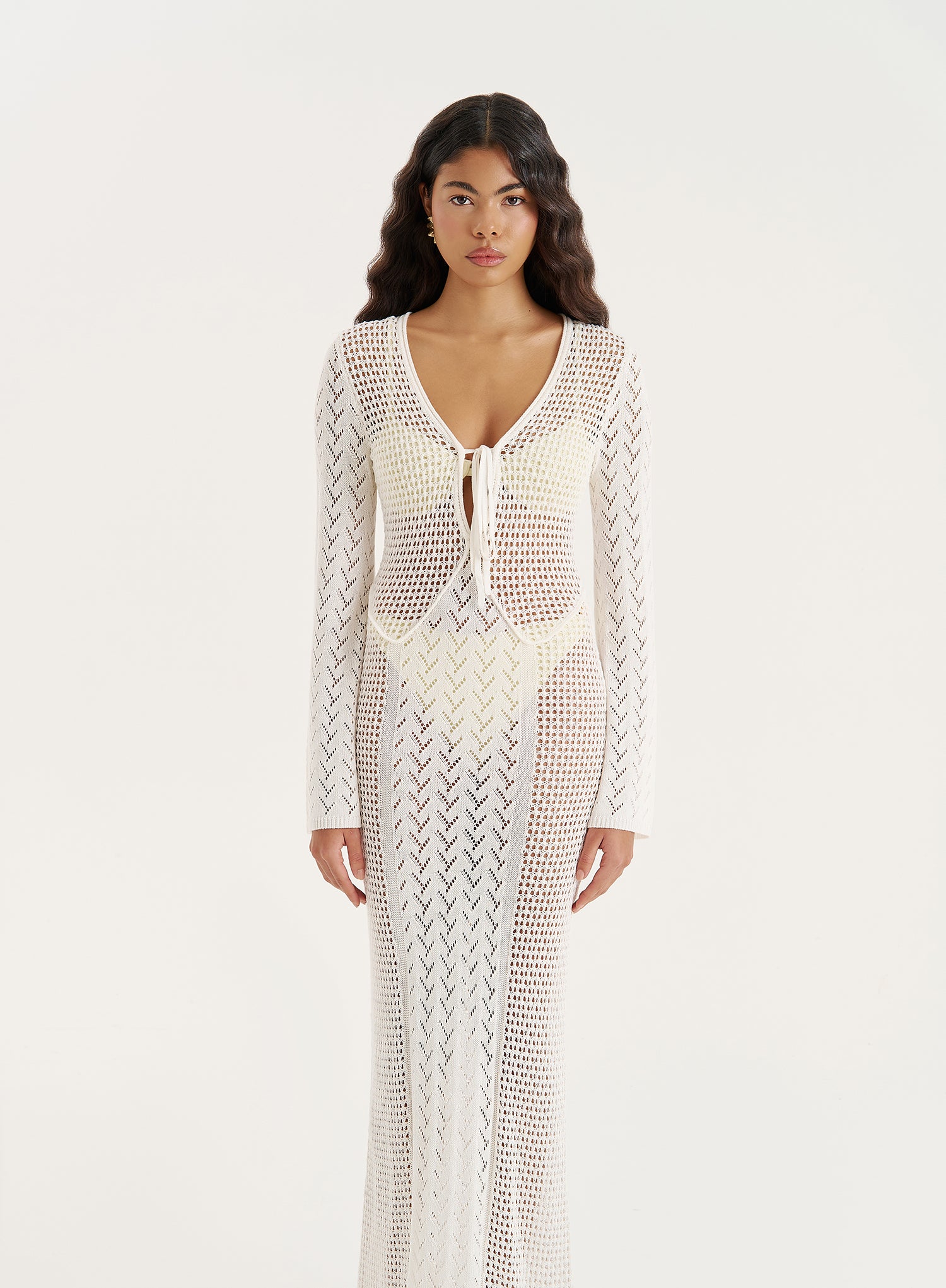 Cream Knit Panelled Crochet Maxi Dress